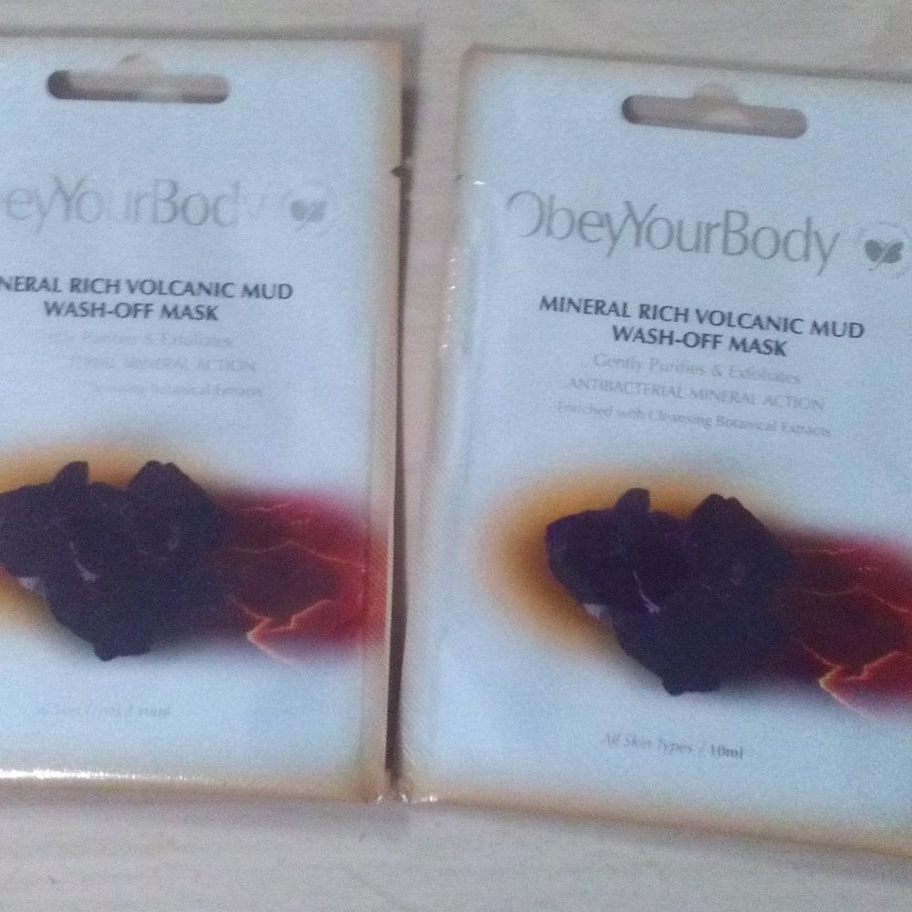 2 OBEY YOUR BODY MINERAL RICH VOLCANIC MUD WASH-OFF MASK-0.34 oz /10 ml EACH-NEW